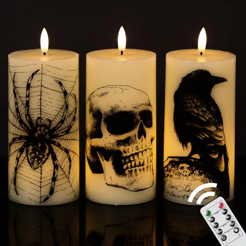 Miniatura 10 de Eldnacele Velas LED sin llama parpadeantes de Halloween, funcionan con pilas, con temporizador de 6H, calcomanías de calavera, telaraña, cuervo