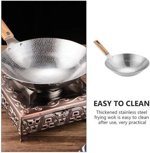 Miniatura 2 de Luxshiny Wok de acero inoxidable de 13.38 pulgadas con mango de madera, sartén de cocina para el hogar para freír vapor y olla caliente utensilios