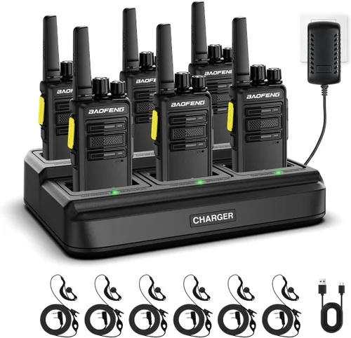 BAOFENG BD-V12B - Paquete de 6 walkie talkies de largo alcance para adultos, radios recargables de dos vías Walkie Talkies con auricular, cargador