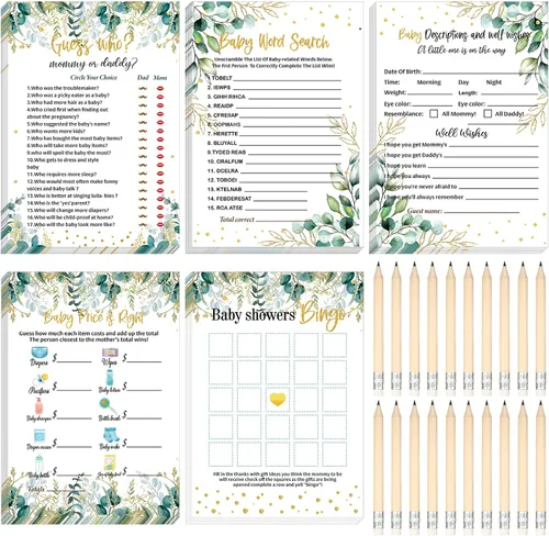Miniatura 39 de Yinder 145 tarjetas de actividades para juegos de baby shower con 20 lápices, incluye descripción de bingo para bebés y deseos, adivina quién es