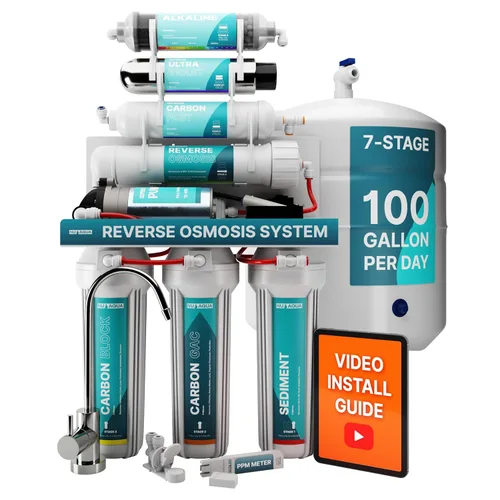 NU Aqua Sistema de filtro de agua de ósmosis inversa alcalina y UV de 7 etapas para debajo del fregadero - Bomba de refuerzo - Filtración y