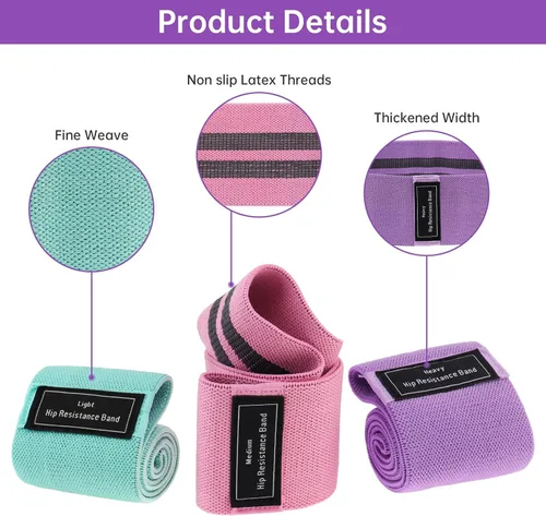 Miniatura 5 de Bandas de glúteos para entrenamiento de glúteos, paquete de 3 bandas de resistencia de tela para mujeres y hombres, bandas antideslizantes