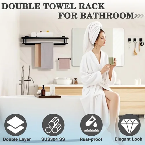 Miniatura 4 de Alise - Toallero para baño con montaje en pared, soporte de toallas de baño con doble barra para toallas y estante, 40.6 cm, SUS304 de acero Negro