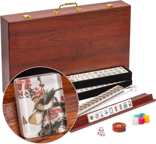 Juego de Mahjong Americano de Yellow Mountain Imports, Little Birdie con Estuche de Madera, Estantes de Madera con Empujadores de Acrílico, Monedas