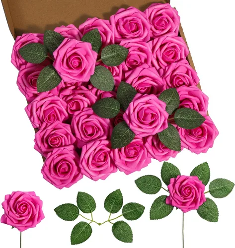 Miniatura 25 de DuHouse 25 rosas artificiales con tallos, flores de espuma de tacto real para bricolaje, ramo de boda, centro de mesa, arreglo floral, fiesta, Verde