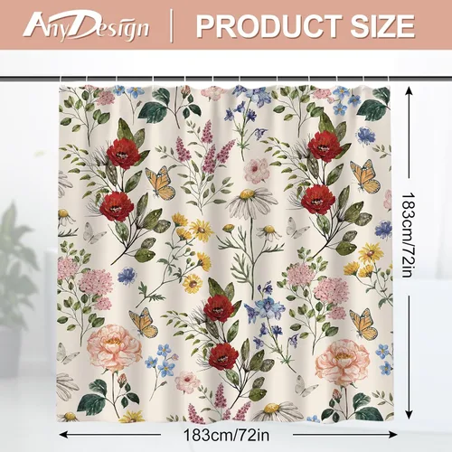Miniatura 2 de AnyDesign Cortina de ducha de flores silvestres de 72 x 72 pulgadas, cortina de ducha de tela de mariposa retro con 12 ganchos, cortinas de baño