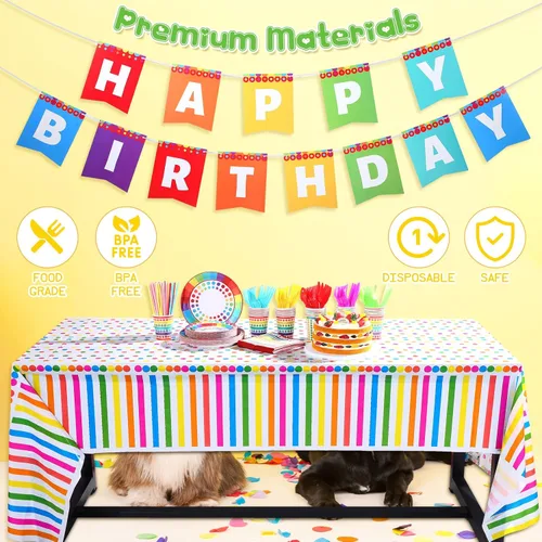 Miniatura 3 de Sepamoon 258 piezas de suministros para fiesta de cumpleaños estilo arco iris, decoraciones de cumpleaños, juego de vajilla incluye platos de fiesta