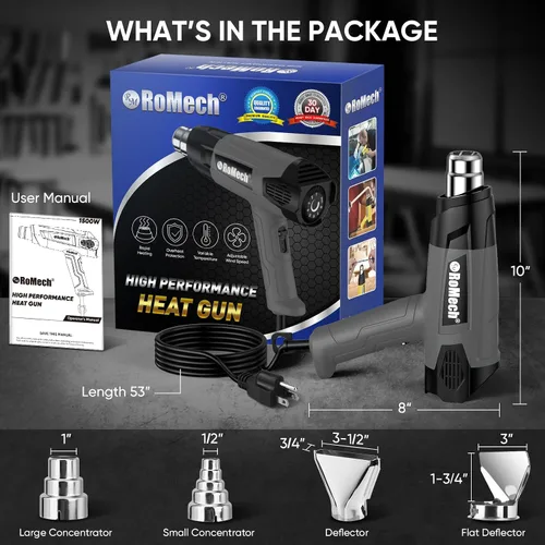 Miniatura 7 de ROMECH Pistola de calor resistente de 1500 W, kit de pistola de aire caliente con control de temperatura variable con 2 caudales de aire de 120 °F a