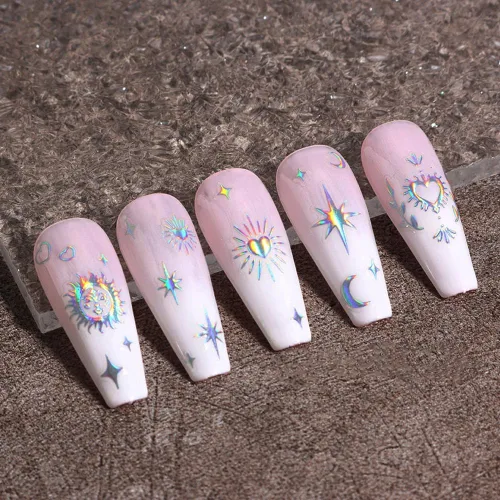 Miniatura 8 de 12pcs Aurora Plata Estrella Luna Nail Art Pegatinas 3D para las Mujeres Oro Rosa Sol Corazón Calcomanías de Diseño Láser Suministros
