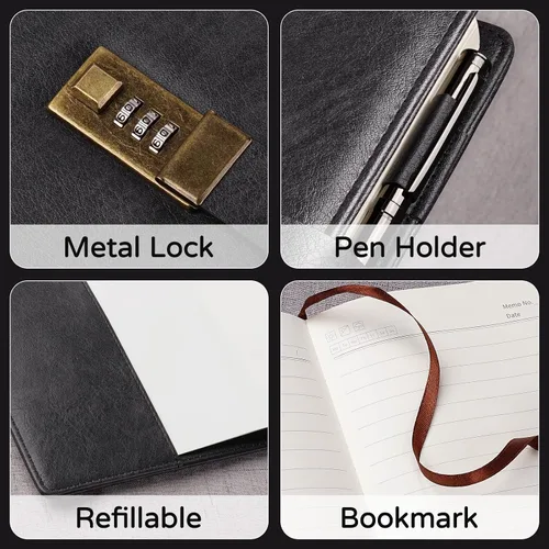 Miniatura 3 de WEMATE Diario con Cerradura, Diario A5 de Cuero PU con Cerradura 240 Páginas, Diario de Cerraduras Vintage, Cuaderno de Contraseña con Bolígrafo