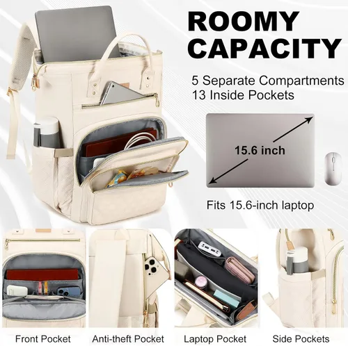 Miniatura 2 de AIJIEKE Mochila de almuerzo para mujer, mochila para laptop de 15.6 pulgadas con caja de almuerzo aislada desmontable, bolsa de trabajo 2 en 1 Beige