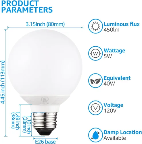 Miniatura 4 de TORCHSTAR Bombillas LED G25, equivalente a 5 W y 40 W, bombillas regulables de 450 lúmenes, luz diurna de 5000 K, bombilla decorativa con base E26