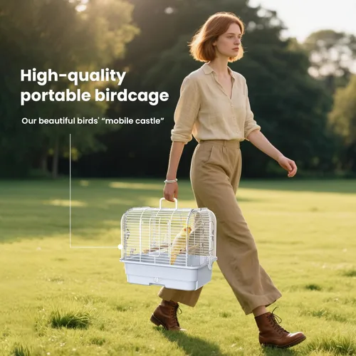 Miniatura 4 de Jaula portadora de aves de viaje, jaula transparente para periquitos, pequeña jaula portátil para pájaros con tazas alimentadoras y pie
