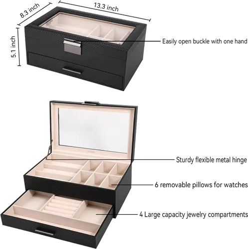 Miniatura 4 de LANDICI Caja de reloj para hombres y mujeres, 2 capas de piel sintética, organizador de relojes, caja de almacenamiento grande, organizador