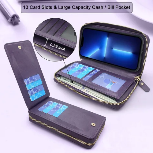 Miniatura 3 de Compatible con iPhone 13 Pro Max de 6.7 pulgadas 2021, cadena cruzada con doble cremallera, desmontable, magnética, de piel, para muñeca, 13 ranuras