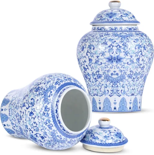Miniatura 10 de XINGYAN Chinoiserie - Juego de 3 tarros de jengibre, porcelana china azul y blanca, tarro de almacenamiento decorativo para el hogar con tapa