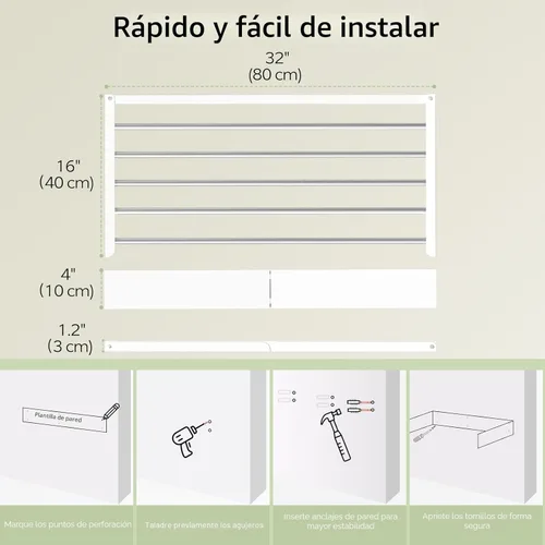 Miniatura 6 de Vikaqi Tendedero de Ropa Montado en la Pared de 32", Tendedero Plegable de Pared para Lavandería Plegable Interior, Tendedero de Ropa Plegable