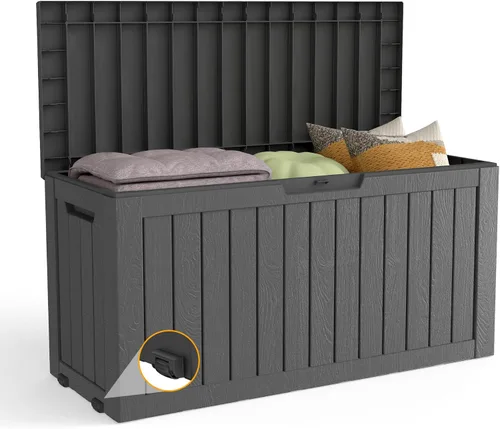 Miniatura 30 de Caja de almacenamiento para exteriores de 35 galones, caja de resina impermeable y con cierre para terraza, grande, contenedor de almacenamiento