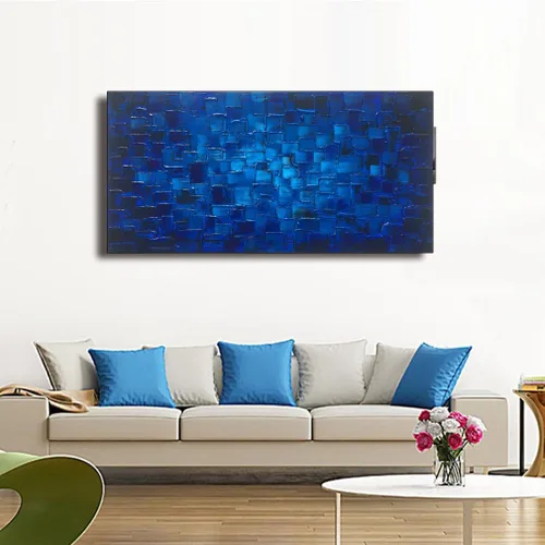 Miniatura 4 de MyArton Arte de pared de lienzo texturizado, cuadrados abstractos, pintado a mano, pintura al óleo moderna de color azul oscuro, imagen