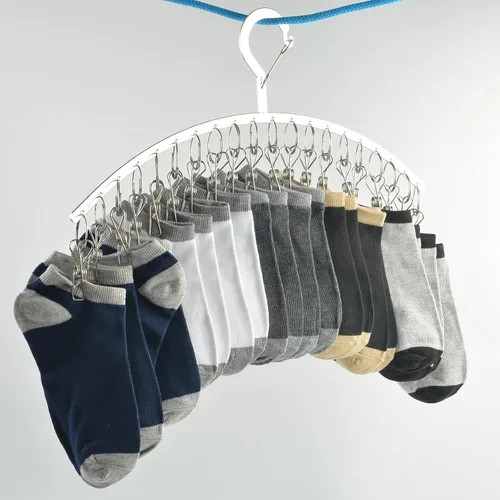 Miniatura 5 de JDYOOMI Paquete de 2 perchas de acero inoxidable para secar ropa a prueba de viento con 20 clips para secar calcetines, toallas, pañales