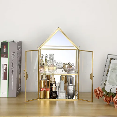 Miniatura 4 de ELLDOO Caja de almacenamiento de cristal transparente de 2 niveles, estuche organizador de maquillaje de joyería con espejo dorado, caja de torre