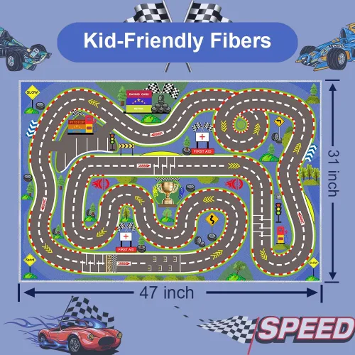 Miniatura 2 de Alfombra para Niños, Alfombras de Tapete de Juego de Pista de Carreras 47×31 pulgadas, Alfombra para Niños con Respaldo de Goma, Línea de Salida