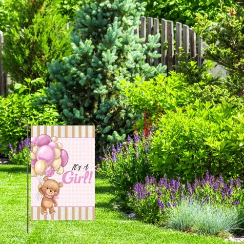 Miniatura 3 de Bandera de jardín con texto en inglés "It's A Girl" de doble cara de 12 x 18 pulgadas, globos de oso de peluche para bebé niña, decoración de patio