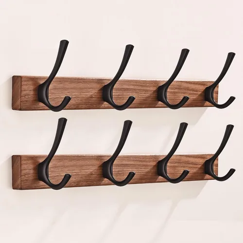 Miniatura 8 de Perchero de pared pequeño de madera de nogal de 17.3 pulgadas con 4 ganchos, colgador de chaquetas de madera resistente montado en puerta