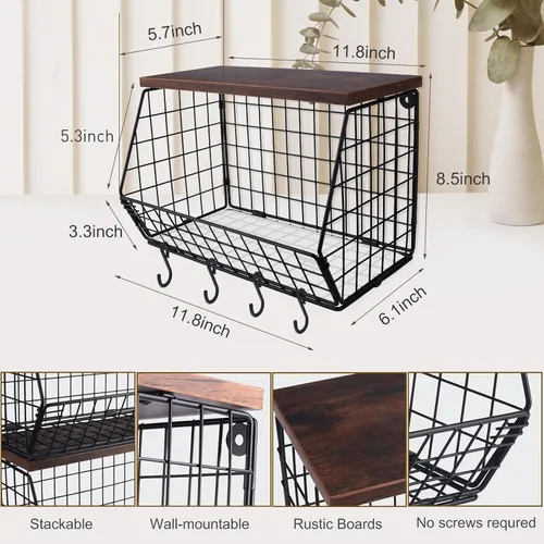 Miniatura 3 de Mefirt Frutero, cesta de frutas apilable montada en la pared con tapa de madera lisa con 4 ganchos para colgar plátanos, organizador de encimera