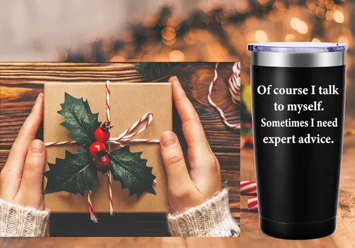 Miniatura 5 de AMZUShome Taza de viaje con texto en inglés "Of Course I Talk To Mysel". Regalos divertidos con mensajes. Regalos para mamá, papá, hermano, hermana