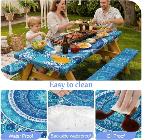 Miniatura 4 de Funda de mesa de picnic con fundas para bancos Esenciales de camping Mantel de picnic impermeable y a prueba de viento con bolsa de cordón, funda