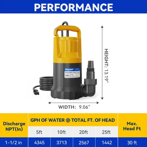 Miniatura 7 de Acquaer Bomba de sumidero 1HP, bomba de agua sumergible de 4345 GPH para eliminación de agua en jacuzzis, piscinas, sótanos y estanques de jardín
