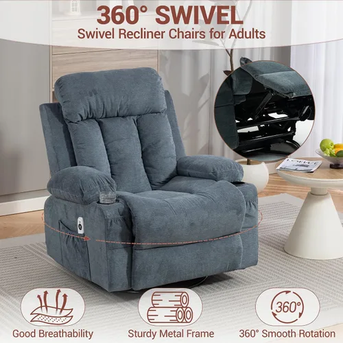 Miniatura 5 de Juego de sofá reclinable manual, 3 piezas con bolsillos laterales, portavasos para cine en casa, oficina (azul, sofá biplaza+silla)