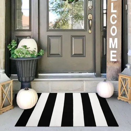 IOHOUZE - Tapete a rayas negro y blanco de 24 x 36 pulgadas, lavable, para porche delantero, tapete de bienvenida primavera-verano, interior o