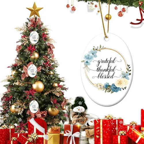 Miniatura 6 de Adornos de Navidad con cita de corona de flores, adorno ovalado de porcelana de Grateful Thankful Blesed, decoración de árbol de Navidad, regalos