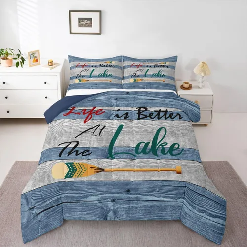 Miniatura 14 de Erosebridal Juego de edredón de barco muelle, juego de ropa de cama con diseño de paleta de lago, tamaño individual para niños, adolescentes