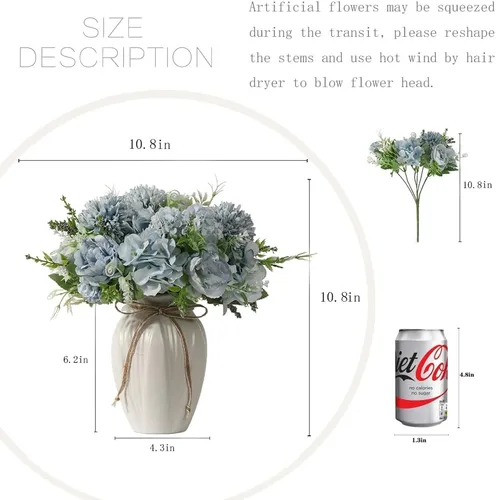 Miniatura 4 de Flores artificiales de peonías en jarrón, ramo de flores de peonía de seda de hortensias falsas con florero, arreglo de flores sintéticas, Azul
