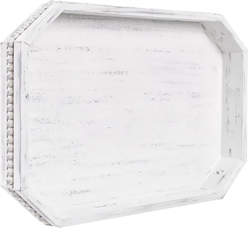 Miniatura 11 de MAONAME Bandeja de Madera para Servir, Bandeja de Madera Estilo Granja con Cuentas, Bandeja Octogonal para Servir Blanca Lavada, Bandeja de Mesa