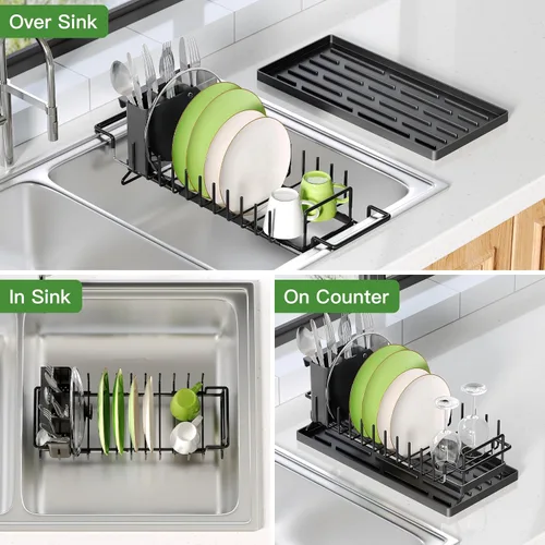 Miniatura 2 de Estante de secado de platos sobre el fregadero, expandible, pequeño, negro, escurridor para secar para la encimera de la cocina, metal de acero