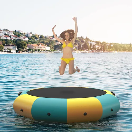 Miniatura 12 de GYMAX Trampolín de agua, trampolín flotante para lago con bomba eléctrica y escalera de cuerda, gorila de agua inflable para lago, resistente