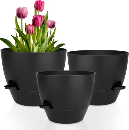 Miniatura 11 de QRRICA Macetas para Plantas de 8/7/6.5/6/5.5/5 Pulgadas con Autoriego, Juego de 6 Macetas de Plástico con Agujeros de Drenaje y Platillos, Macetas
