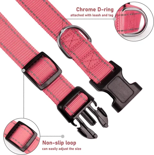 Miniatura 3 de Collar reflectante para perro con hebilla, collares de nailon de seguridad ajustables para perros pequeños, medianos y grandes, rosa claro, S