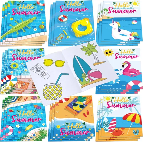 Faccito 24 libros para colorear de playa de verano, mini libro de dibujo artístico a granel incluyendo piña, coco, flamenco, playa, piscina,