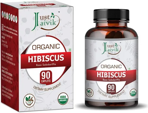 Just Jaivik Tabletas de hibisco 100% orgánico y puro (Rosa Sabdariffa) como suplementos dietéticos - 750 mg (90 tabletas) | Desintoxicación | Salud