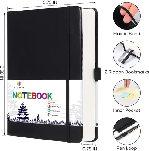 Miniatura 4 de Cuaderno de papel en blanco - 280 páginas A5 con papel en blanco de 100 g/m², papel grueso, tapa dura, cuero PU, 5.75" × 8.38" - Negro