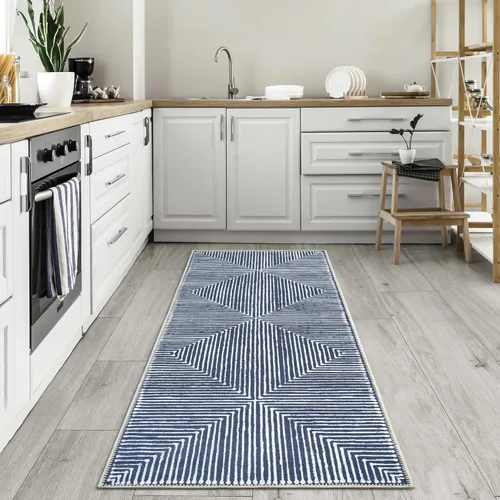 Miniatura 5 de Bloom Rugs Alfombra lavable antideslizante de 7 pies – Alfombra a rayas azules para entrada, pasillo, baño y cocina, tamaño exacto: 2.5 x 7 pies