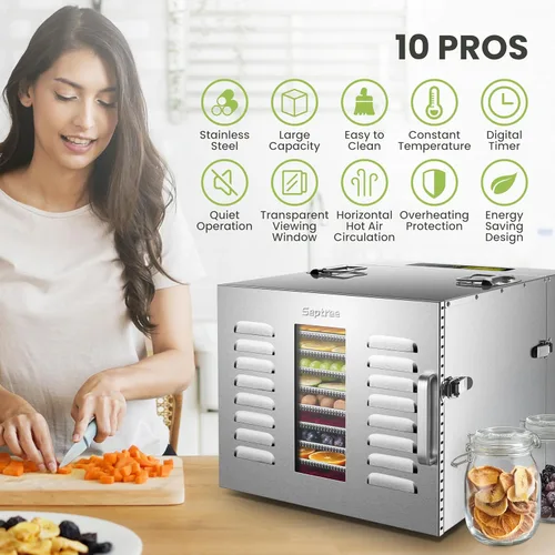 Miniatura 6 de Máquina deshidratadora de alimentos de 10 bandejas comerciales para cecina y hierbas, área utilizable de hasta 24.65 pies² y temperatura de 194℉
