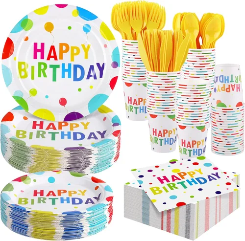 Kochorie 400 piezas de decoraciones de fiesta de feliz cumpleaños, incluyendo platos de papel desechables, vasos, servilletas, juegos de vajilla que