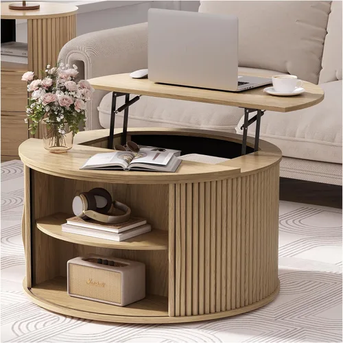 Miniatura 18 de JOINICE - Mesa auxiliar cuadrada con tapa elevable para sala estar u oficina en casa, con almacenamiento, compartimento oculto, estilo moderno Nogal