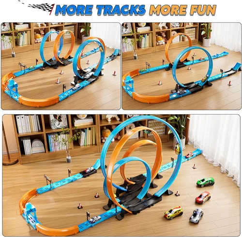 Miniatura 4 de LILYBUDS Juego de Regalo de Pista de Autos de Juguete para Niños de 3-5, 4-7, 8-12 Años, Pistas de Carreras Largas con 4 Bucles de Acción y 4 Autos
